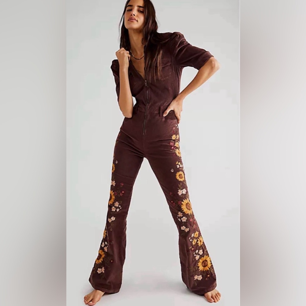 Brown Floral Embroidered Women's Jumpsuit